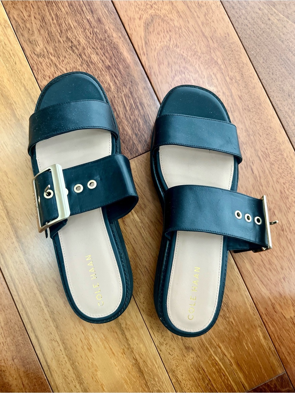 Cole Haan Black Leather Slide Sandals with Gold Buckle Accent